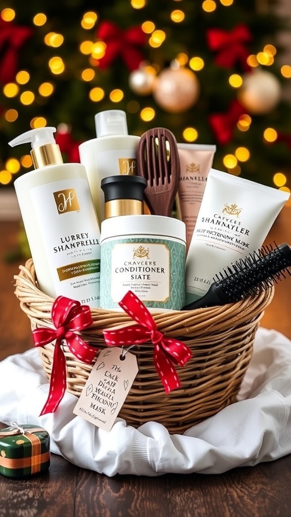 A festive gift basket with hair care products, including shampoo, conditioner, and accessories, decorated for Christmas.